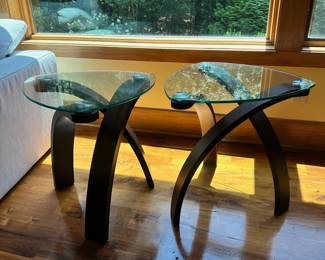 M44 - $60 EACH. Side tables, 2 available. Wood base with glass top. 20" wide x 23" deep x 24" tall.