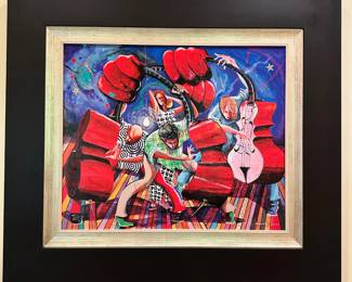 M40 - $1000. "Three Bass and a Lady" by Marcus Glenn. #73/350. Giclee on Canvas Embellished. Framed it Measures 35.5" x 31.5"