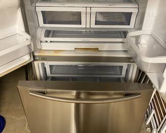 M132 - $100. Stainless Refrigerator. Samsung RF267 Series. 2010. Measures 36" wide x 32" deep x 70" tall. OWNER HAS UNPLUGGED AND DEFROSTED - I saw it running with my eyes. BUT he warns it is VERY cold and doesn't regulate the temperature quite right. Lettuce always freezes is his example. YOU NEED 2 STRONG PEOPLE TO MOVE! It is located in a walkout basement and will need to go around the home.