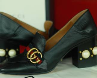 S4 - $300. Gucci. Size 38.5. Made in Italy. Black Leather Web GG Marmont Faux Pearl Block Heel Pumps.