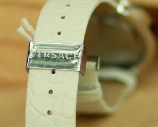 J33 - $500. Versace Destiny Spirit 86Q. Genuine White Leather Versace Band.