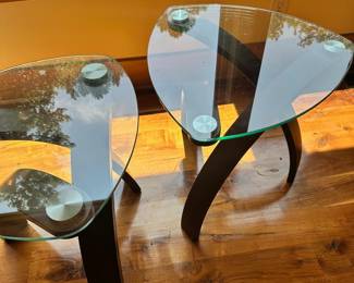 M44 - $60 EACH. Side tables, 2 available. Wood base with glass top. 20" wide x 23" deep x 24" tall.