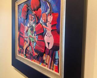 M40 - $1000. "Three Bass and a Lady" by Marcus Glenn. #73/350. Giclee on Canvas Embellished. Framed it Measures 35.5" x 31.5"