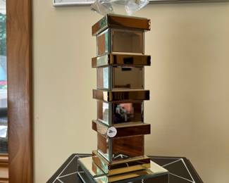 M54 - $20 Each. MCM style mirror/gold pillar candle holders. 13" and 15" tall.