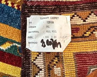 M27 - $425. Vibrant colorful Topkapi wool carpet. Measures 34" x130" long. Also in excellent condition.