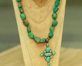 J43 - $75. Turquoise & Sterling Necklace with Cross. 17" long.
