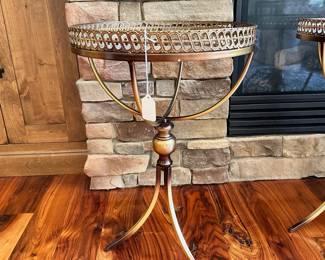M49 - $40 Each - 2 Available. Brass colored end tables. Measures 15" round x 25" tall.
