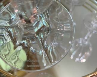 M8 - $35. Marquis by Waterford decanter. M9 - $30 - Marquis by Waterford set of 4 wine glasses. M10 -$25. Gold mirror tray 15"round 2" tall.