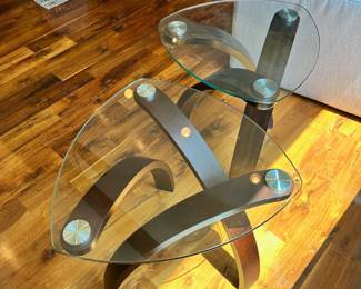 M44 - $60 EACH. Side tables, 2 available. Wood base with glass top. 20" wide x 23" deep x 24" tall.