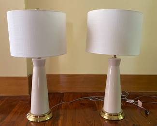 M108 - $80 EACH. Jonathan Y Lamps. Measures 28" tall. Shades are like new. Gold Toned Base, Ivory Lamps, White Shades.