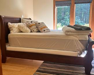 M87 - $325. Frame Measures 89" long x 64" wide x 50.75" tall. Includes nice, clean Queen Mattress & Box Spring if you want them! Very gently used in a guest room with a cover on the mattress.