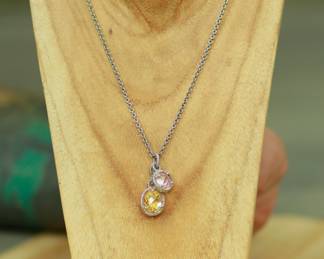 J44 - $80. Judith Ripka 17" Sterling Necklace with Gemstones (Pink & Canary Quartz or Amethyst & Citrine)