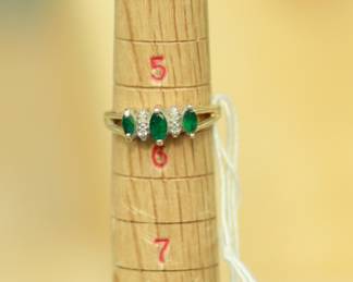 J5 - $150. Emerald & Diamonds in 14kt gold. Size 5.5. Weighs 2.1 grams.