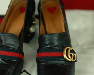 S4 - $300. Gucci. Size 38.5. Made in Italy. Black Leather Web GG Marmont Faux Pearl Block Heel Pumps.