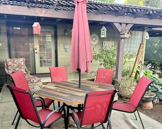 Wood Patio Table w/metal base /needs refinished
(6) Nice condition Red Patio Chairs 
(Sold as Set)