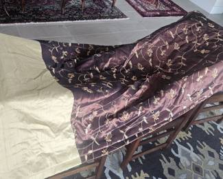 Italian Silk custom-made curtain panels with heavy gold 'wheat' embroidery, gold and chocolate. 2 panels, for tall windows.