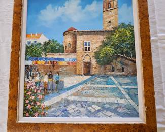 Paul Antes gorgeous heavy oil painting of San Tropez, France market square. Framed in Jerusalem Olive Wood.