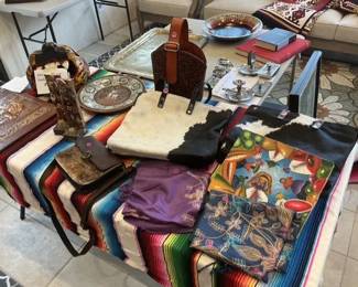 Handmade Mexican purses and silk scarves, Guatamalan 'antview' painting.