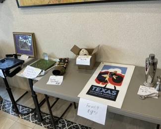 Pottery, promotional posters from Palo Dura Canyon's "Texas, the Musical" production, Zsolnay pyrogranite eosin art piece for wall inlay, Swiss cowbell.