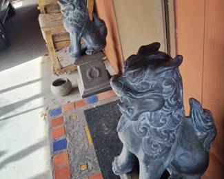 Rare temple foo dogs cement with steel rods throughout statues original cement bottoms or what they are on these are the coolest I have ever seen $300.00 for pair