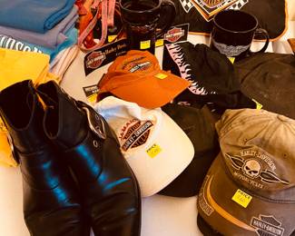 Harley boots, hats, mugs and dog clothing and dog leashes