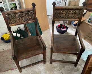 Antique altar chairs, estimated to have been made in the mid to late 1800s ( no documentation or certification available) and supposedly were shipped from Amsterdam to New Orleans in 1983 and purchased by our client’s family.