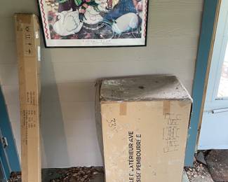 Contents of box 
Ratan patio set including loveseat, two chairs and table .  Never assembled 
New in box from Home Depot.  Originally $ 250.  Also shown is a new Umbrella in box 
