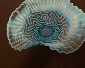 Vintage iridescent blue scalloped bowl