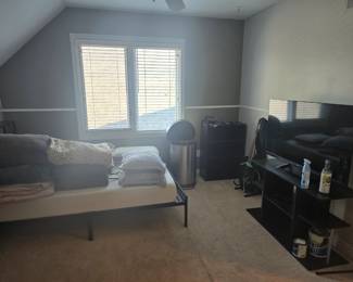 Girls clothing, full size bed, TVs, TV stands.