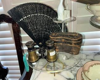 Elegant black fan and vintage opera glasses w/ case