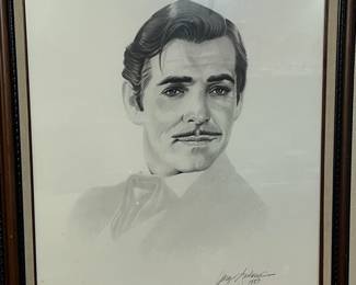 Large, framed charcoal portrait of Clark Gable as "Rhett Butler" by Gary Saderup 1987.