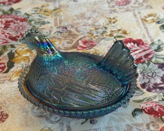 Indiana Hen on Nest Iridescent Blue Purple Glass Candy Dish Vintage 7" Carnival