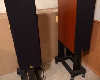 Aerial Acoustics LR5 speaker set on rolling stands