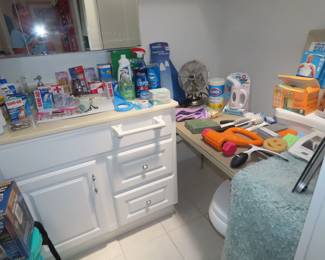 Clening supplies and personal hygiene items.