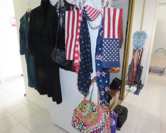 Holiday scarves, hat and bag.
