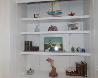 Sea shells, nautical decor, pink glass dolphin.