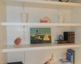 Sea shells, nautical decor, pink glass whale tail.