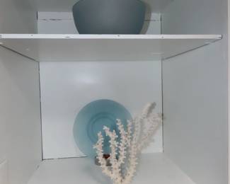 Coral and blue glass plate and bowl.