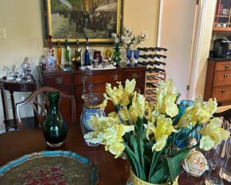 Drexel Bouffet, dining room table and six chairs. This is a small sample of items offered. Wine racks, knick-knacks, collectible figurines, large paints. Tons of art, rugs, tools.