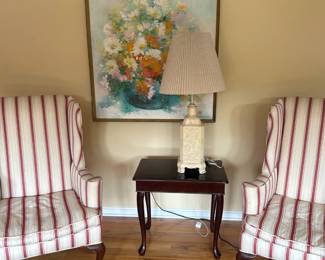 Wing back chairs, end table, lamp, signed painting.