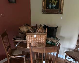 Oak table with leaf and 4 oak chairs, collectable baskets, painting.