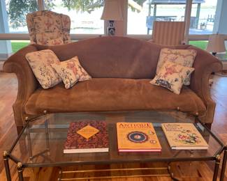 Suede Sofa, Glass and Brass Coffee Table
