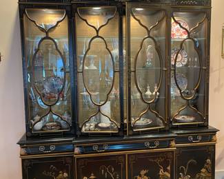 Black Lacquer Asian Display Cabinet with pull out shelf, lighted, curved glass, and two keys. Exceptional Quality by Karges
