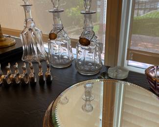 Beautiful silver and mirrored Plateau, Sterling Brandy and Sherry Labels, decanters