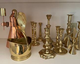 Brass candlesticks, and Brass and Copper Angel, Brass Bucket