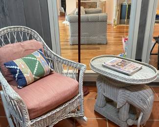 Wicker Rocker and Wicker Elephant Table that has removable tray