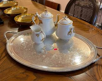 Large silver plate tray with 1800s porcelain ware