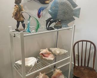 Nautical Decor, Glass, wood and bronze Fish, Shells