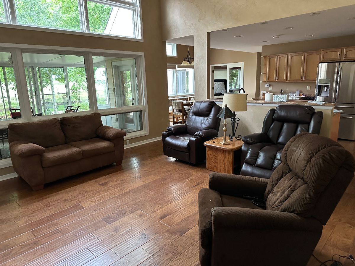 Love seat with matching full size couch available, three lazy boy electric recliners with lift assist, side table, two lamps