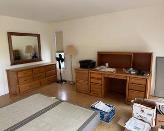 Solid Oak Mirror , desk and filing cabinet, dresser, king bed platform